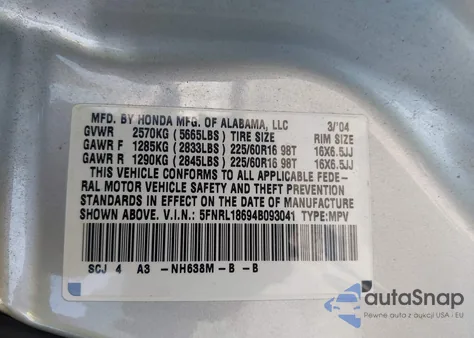 2004 Honda Odyssey Ex from USA, damaged, VIN 5FNRL18694B093041